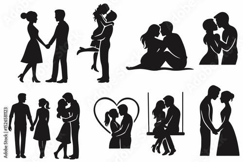 Silhouettes of business people walking, including men, women, and children, in a vector style, with various body types and poses, representing a group in a professional setting