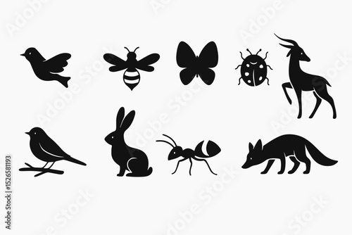 A versatile black vector silhouette collection featuring flying birds and butterflies, alongside various wild animals, perfect for diverse design illustrations