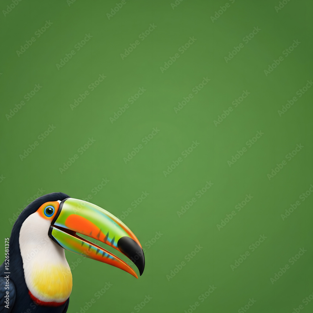 Naklejka premium Toucan on Green Background with Left Side Ready for Text or Logo