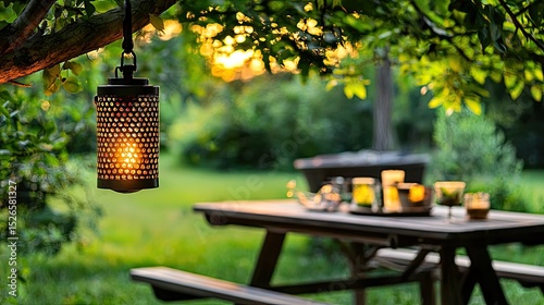 An outdoor setting with a bug zapper hanging near a picnic table, keeping mosquitoes away.