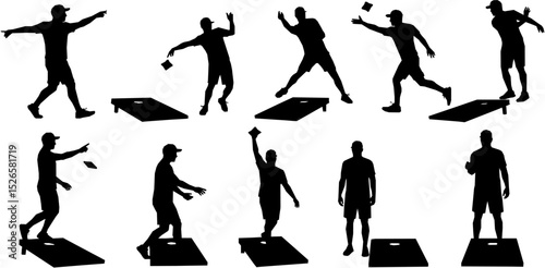 Vector detailed set silhouettes of Cornhole players isolated on white background. Vector illustration.
