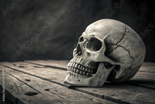 Photorealistic Human Skull on Wooden Surface with Dark Textured Background