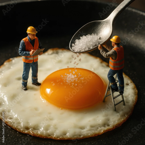 Tiny Egg Chefs: A whimsical, high-angle shot captures miniature construction workers meticulously seasoning a fried egg, evoking a sense of playful imagination and culinary precision.