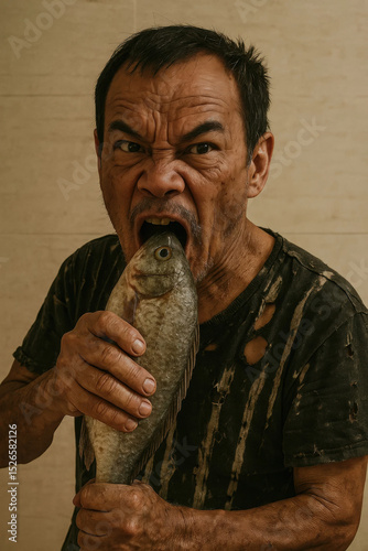 Man devouring a Fish: A striking image captures a man's raw intensity as he bites into a fish, portraying the primal struggle for survival and the intense hunger that comes with it.