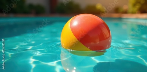 Close-up colorful ball in refreshing pool, BBQ softly out of focus , vibrant, water fun