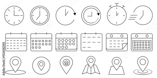 Date, Time, Address icon. place, time and date icon set. set. Time, date, location or place icon.