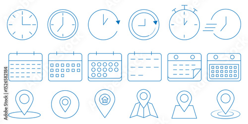 Date, Time, Address icon. place, time and date icon set. set. Time, date, location or place icon.