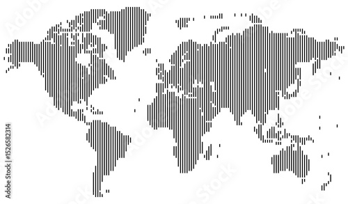 Vertical line shape world map presents continents through symmetrical line shape. Vertical line shape world map layout is ideal for themes in travel, globalization, or education.