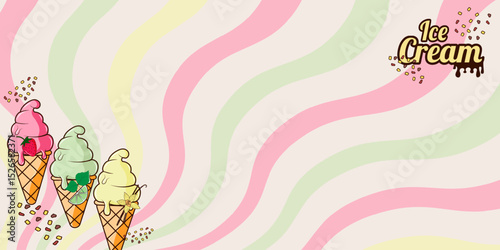 Ice Cream on a retro background with text. .Bright and colorful strawberry, mint, vanilla ice cream cones. For summer branding, social media posts, packaging, kids designs, flyers and posters. Vector.