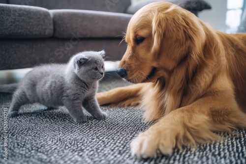 Cute golden retriever puppy and gray kitten snuggling on cozy sofa, showcasing inter-pet friendship and warmth in home setting.