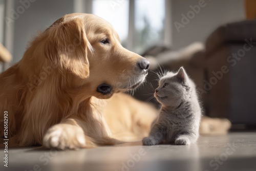 Golden Retriever and Grey Cat Interacting Indoor on Wooden Floor, Gentle Companionship with Sofa Background.