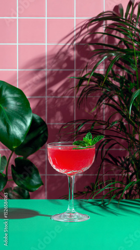 Elegant Pink Cocktail with Mint Garnish in a Vibrant Tropical Setting