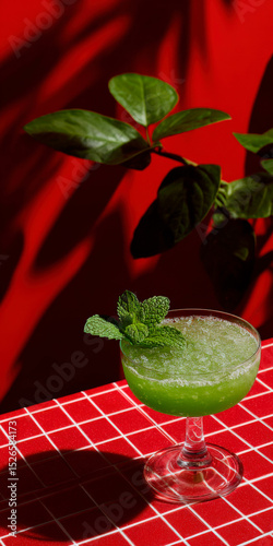 Green Mint Cocktail on Red Tiled Table with Natural Background