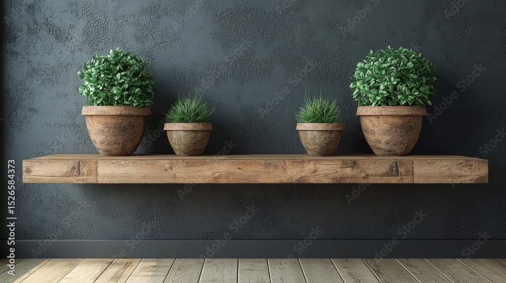 Fototapeta premium Wooden shelf with potted plants for elegant interior design