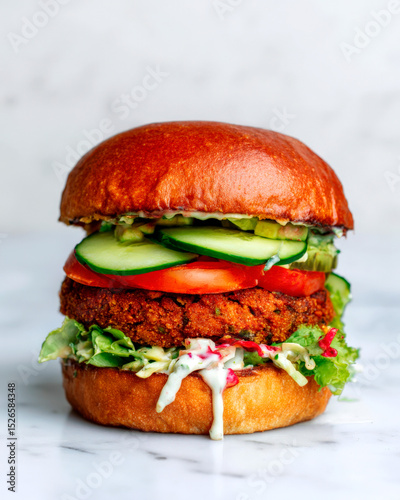 Fresh Vegan Burger with Vegetables and Creamy Dressing on a Marble Counter
