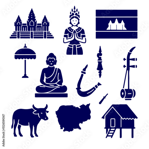 vector isolated blue color cambodia traditional cultural symbols