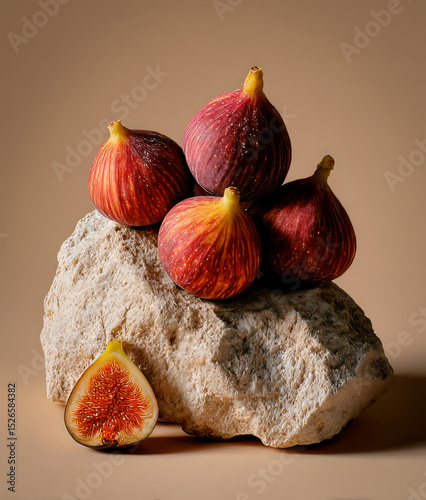 Fresh Ripe Figs Displayed on a Stone Against a Neutral Background