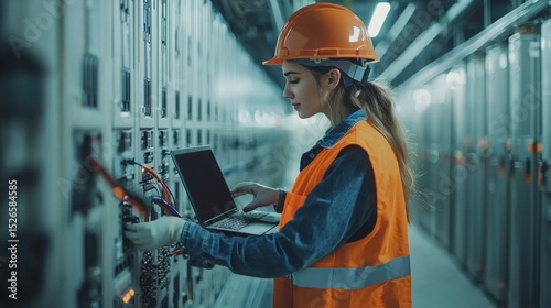 Female electrical engineer inspecting control panel in industrial facility