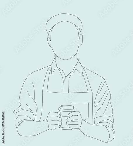 line art  Barista holding coffee cup, serving coffee to customer.