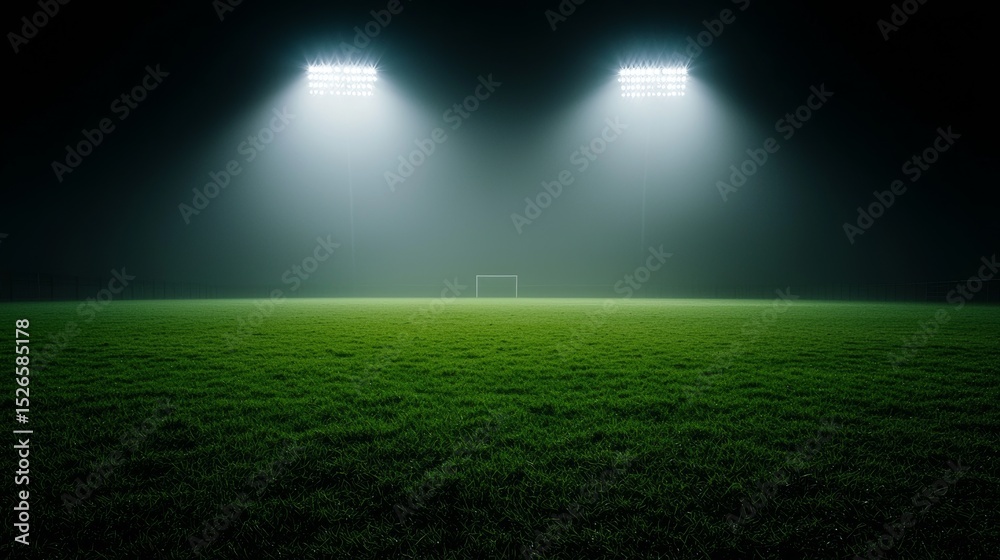 Obraz premium Night Football Field Soccer Goal Stadium Lights Foggy Green Grass