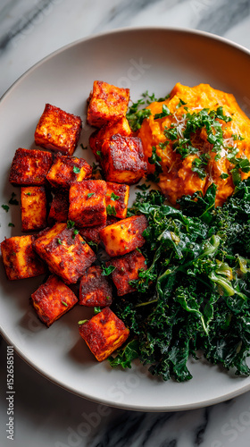 Healthy Meal with Spiced Tofu, Mashed Sweet Potatoes, and Sauteed Kale