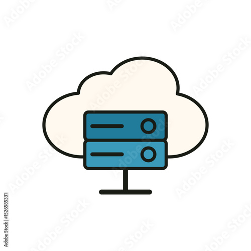 Cloud computing technology symbol showing database hosting on virtual server platform with flat color design