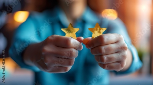 Wallpaper Mural A person holds two shiny gold star-shaped objects, symbolizing achievement or recognition, against a soft, blurred background. Torontodigital.ca