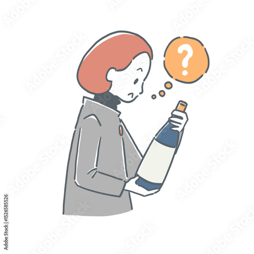 お酒の瓶を見て疑問に思う女性のイラスト