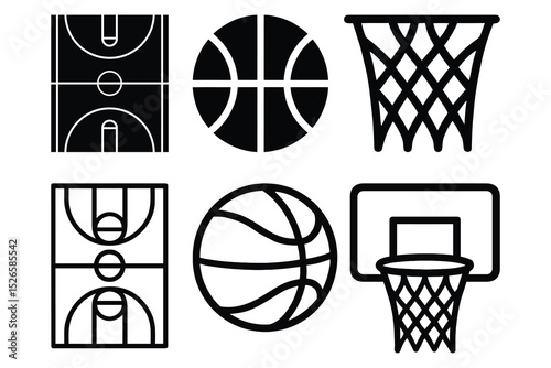 Basketball Icon Set - Court, Ball, and Hoop Line Art PNG for Sports Design