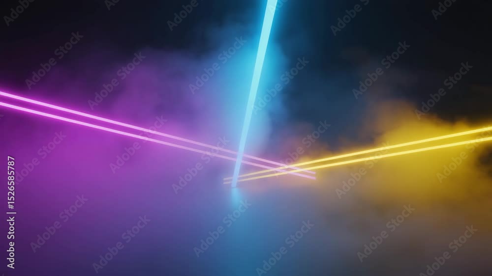 A sleek clip captures colorful light rays intersecting above a misty surface. Concept of high-tech ambiance.