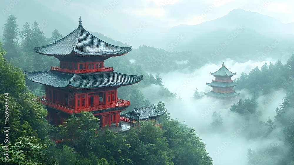 Obraz premium Misty mountain temple nestled in a serene landscape