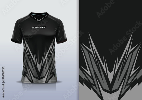 T-shirt mockup abstract stripe line jersey design for football, soccer, racing, esports, running, in black gray color