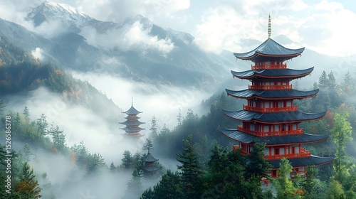 Peaceful Buddhist temple nestled in the misty mountain landscape