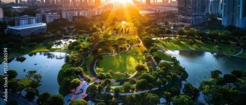 Wallpaper Mural A stunning aerial view of a park at sunset, showcasing lush greenery, winding paths, and tranquil water bodies amidst urban buildings. Torontodigital.ca