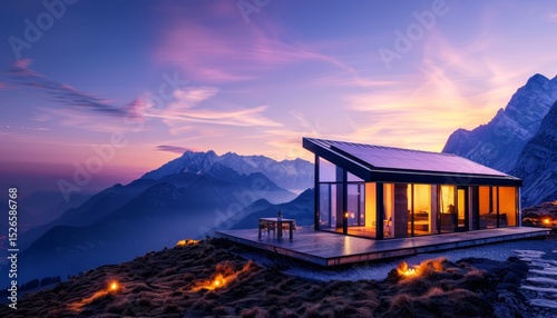 Wallpaper Mural A stunning modern cabin sits atop a mountain, surrounded by majestic peaks and a colorful sunset, creating a serene and picturesque landscape. Torontodigital.ca