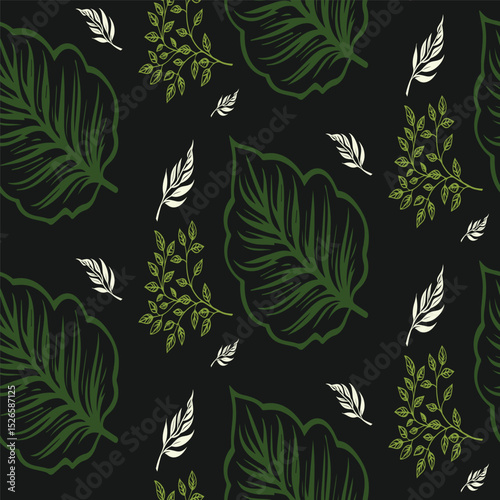 Seamless pattern with hand-drawn olive leaves and sketchy branches on a dark background. A natural and artistic botanical design for textiles, wallpaper, and decor.
