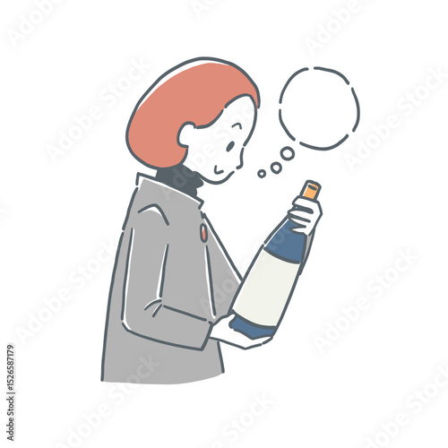 お酒の瓶を見て考えている女性のイラスト