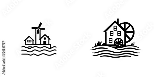 Icon set featuring a windmill and a watermill with houses surrounded by waves