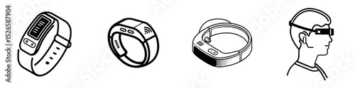 Collection of icon designs for wearable technology including smartwatches, fitness bands, and augmented reality glasses