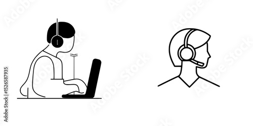 Icon set featuring headset usage and person working on a laptop in a digital workspace