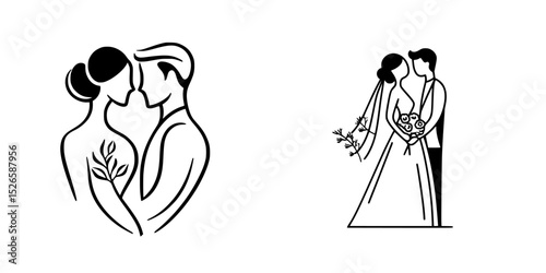Elegant icon set representing love and marriage through minimalist designs for wedding invitations and decor