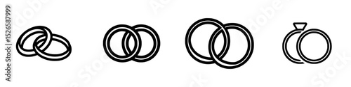 Icon set depicting various styles of wedding rings suitable for digital design projects related to marriage and love