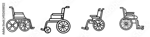 Icon set featuring various wheelchair designs illustrating mobility aids for diverse needs and styles