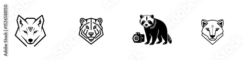Animal icon set featuring a wolf, lion, raccoon, and stylized designs for creative projects