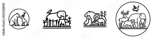 Animal collection of illustrated icons featuring various wildlife in simple line art style
