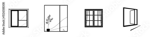 Icon set featuring various window designs showcasing different styles and perspectives for creative projects