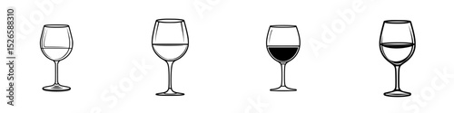 Icon set depicting various types of wine glasses in different styles and fill levels for graphic design projects