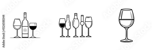 Collection of wine icons featuring various bottles and glasses for beverage graphic design