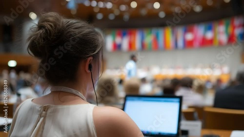 A conference participant monitors live speech translation on screen during plenary session. Concept of seamless language exchange.