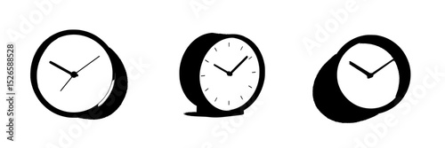 Icon set featuring diverse clock designs in minimalist black and white style for modern applications and graphics